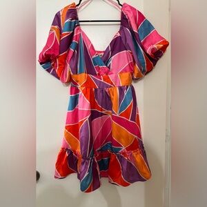 Peach Love Women Pink Multicolor Bubble Sleeves Babydoll Mini Dress Size Medium